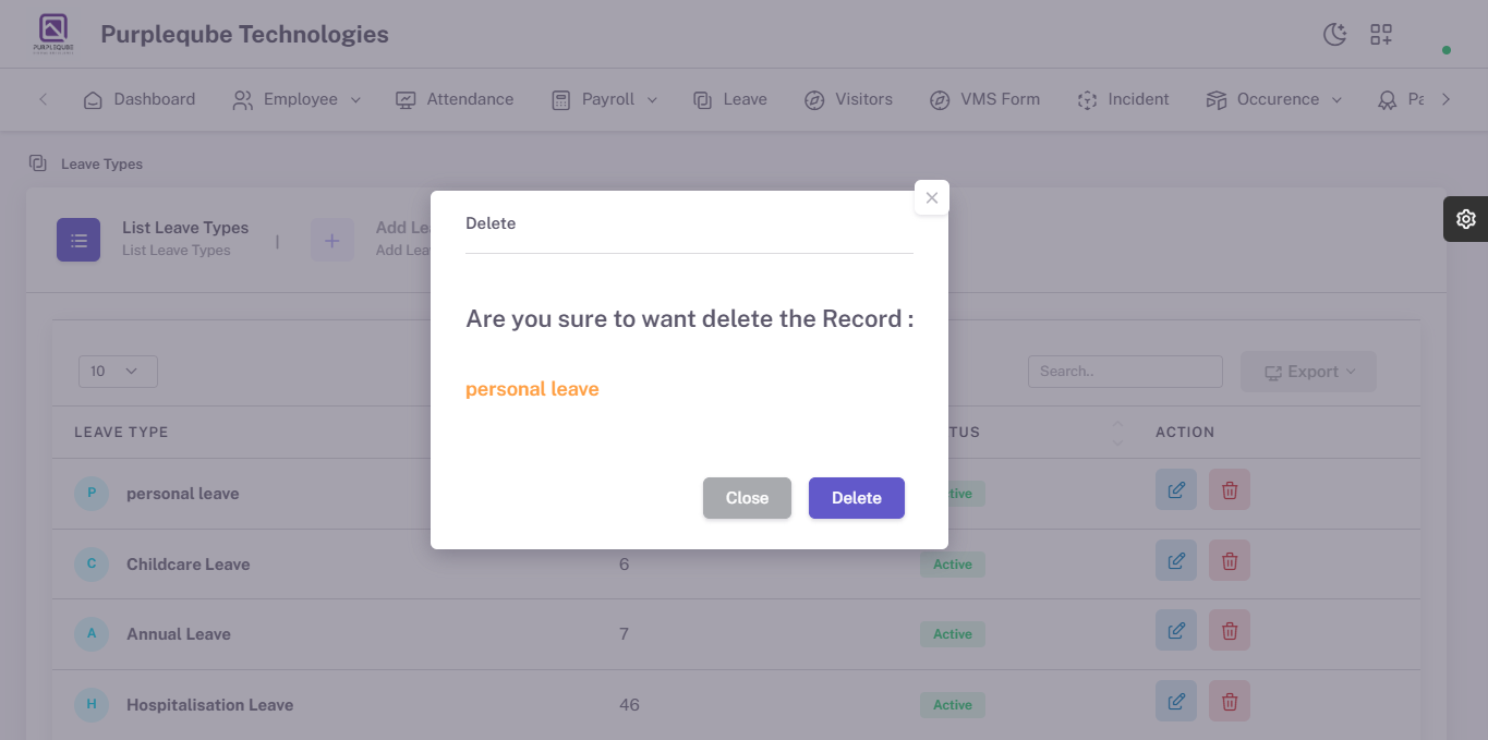 Delete confirmation dialog showing the leave type name to be deleted